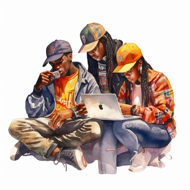 watercolor clip art image of a group of 3 black teenagers wearing hip-hop clothes having fun studying with books and laptops and phones sitting around a table