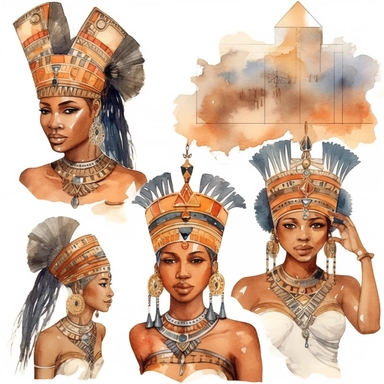 Watercolor african queens ,garden, illustrations clipart set, simple, cartoon elements, different characters, palace, different variants,, separate elements with a margin 1024 × 1024 No argumen Date Туре