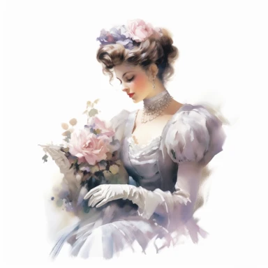 A victorian woman wearing Vintage Opera Gloves clipart, soft pastel flowers around, in the style of realistic watercolors, feminine sensibilities, detailed illustrations, made of all of the above, in style of Willem Haenraets, clean background, white background, on a white background, transparent background