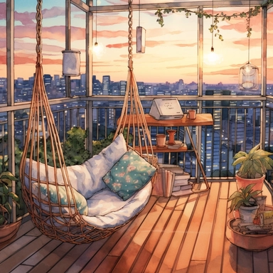 watercolor, hyper realistic, white background, white margins, 16k, ultra detailed clipart, cut out image, hand-drawn, whimsical manhwa style, ultra HD, sharp and clean art cozy balcony with a hanging swing chair, decorated with fairy lights and green plants, overlooking a city skyline in the evening