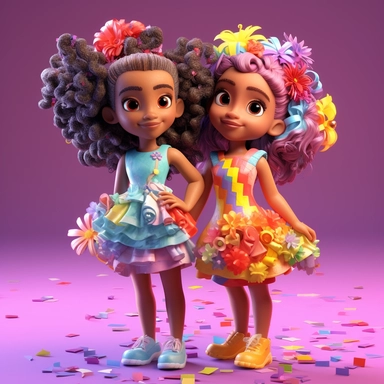 There are two little african american girls wearing colorful and vibrant dresses, with flower-shaped hair clips adorning their hair,3d art,c4d,actane render,ray tracing,popmart bling box,clay material,pixar trend,animation ligting,depth of field,ultra,detailed 5