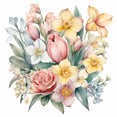 A charming clipart of a bouquet of fresh spring flowers on a white background, painted in delicate watercolors and pastel tones. The bouquet is filled with a variety of spring flowers such as tulips, daffodils, and cherry blossoms. Each flower is beautifully detailed, with soft color tones that blend harmoniously into the overall image. The pastel tones evoke a sense of freshness and rebirth associated with spring, making this image perfect for any design project that calls for a touch of nature