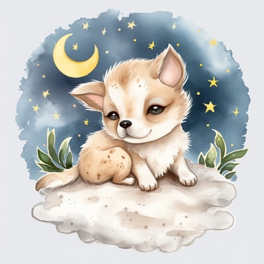 watercolor Puppy, big eyes, cute, sleeping and hugging a pillow. and sleep on the crescent moon Surrounded by twinkling stars, sweet dreams vividly bold designs png realistic cartoon in 32K UHD cute. 15 cm thick outline. There was no shadow on the ground. 8k with realistic watercolors. and detailed illustrations. PNG clipart , transparent white background