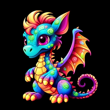 cute cartoon vibrant multicoloured dragon clipart, black background,--no cut off edges