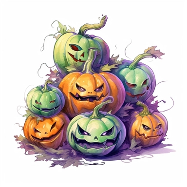 hand drawn Halloween pumpkins with carved faces that are glowing, sitting together at various sizes and heights,Halloween, purple orange and green shades, fantasy, glamorous, clipart style, detailed and realistic, watercolor, white background with margins
