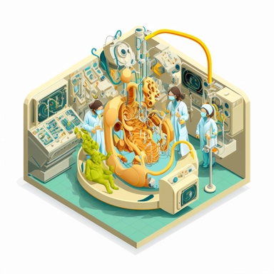Hyper-detailed inflatable complicated operation in the operating room, monkeys are the doctors , white bg, isometric, clipart