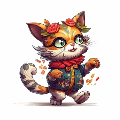 Funny dancing cat clipart on a white background, chibi and real style, masterpiece, realistic photography, colorful background, detailed, intricate details, rich colors, realistic style