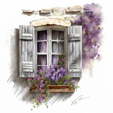 clipart watercolor, detailed, realistic, white background. Window with shutters with lavender flowers on the sill, ledge