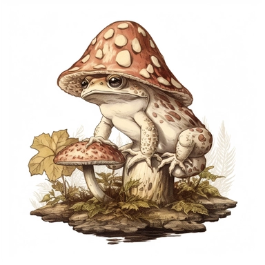 Cottagecore Frog Clipart, Vintage Toad On Mushroom Clipart, isolated white color background, 8k