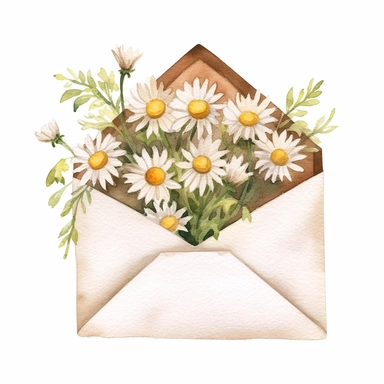 basic watercolor daisies in envelope in minimal hand drawn style, Etsy, textured, clipart, white background