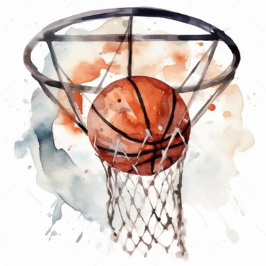 a watercolor clipart of a basketball going into a backball hoop with a glass backboard portrait, watercolor painting, no background, white background color, no-text