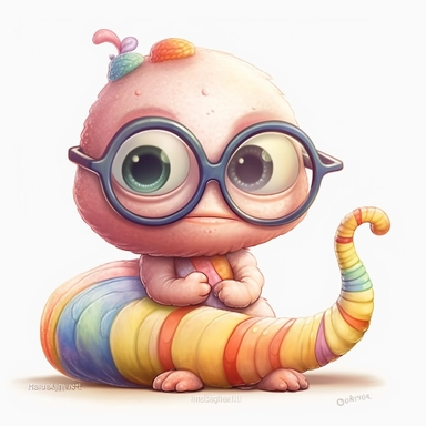 kawaii adorable fantasy worm wearing cute glasses, nursery art, clipart image, line art image, white background, inspired by yoshitaka amano art, very detailed, 8k