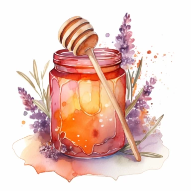 Watercolor illustration of honey in a jar and include a wooden spoon, a honeycomb, add hints of orange or red to enhance the richness and depth of the honey, add lavender and pink flowers, add watercolor splash in the background, hd, white background, clipart--ar3.2--s1000