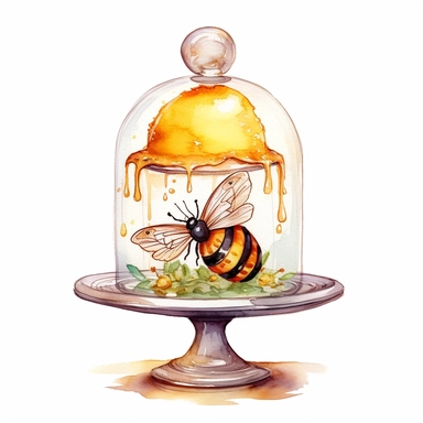 whimsical watercolour clip art honey cupcake under a glass dome with bee decorations
