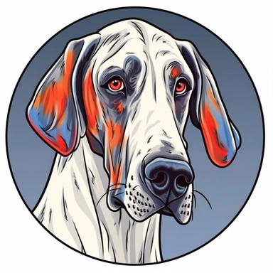 logo, color pencil drawing Great Dane dog , head, facing front, cute, circle frame, cartoon clipart, vector, bold line, white isolated background, high definition