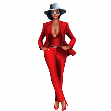 African american women wearing red suit and fedora hat Boss lady clipart modern fashion style anatomically correct realistic isolated white background