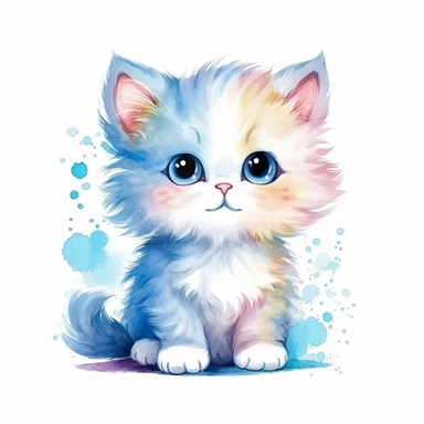 a whimsical cute fluffy baby cat cartoon clipart on white background with margins, watercolor, icon, sticker art