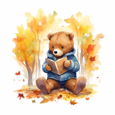 a serene watercolor clipart image with a white background, showcasing a peaceful bear bookworm sitting under a tree, surrounded by falling leaves and engrossed in a heartwarming tale.