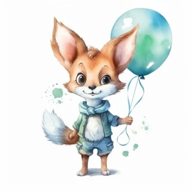 watercolor cute baby jackal clipart on white background, full body, balloon