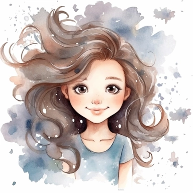 watercolour clipart of a girl, with crazy brown hair, blue-gray eyes, the sweet and scatterbrained dreamer, with a great sense of humor. She immerses herself in the world of digital design, creating exquisite papers for scrapbook albums. Though she may often forget things, her delicate touch and gentle nature shine through her artistry, make her smiling, exalted mood, white background, 8k, f1