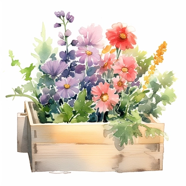 clipart, a watercolor painting of a wooden flower box filled with beautiful flowers and plants, in the style of yanjun cheng, colorful animations, rough clusters, clean and simple designs, leica cl, warm color palettes, colorful washes, white background--ar 34:33