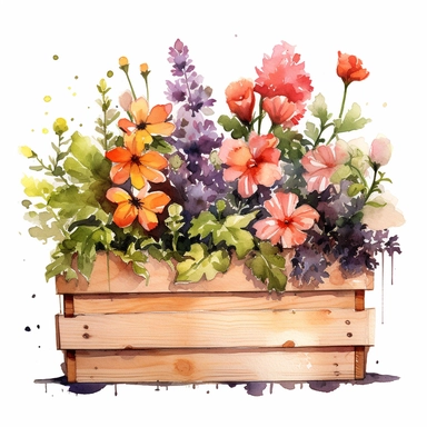 clipart, a watercolor painting of a wooden flower box filled with beautiful flowers and plants, in the style of yanjun cheng, colorful animations, rough clusters, clean and simple designs, leica cl, warm color palettes, colorful washes, white background--ar 34:33