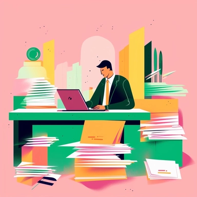 a simple flat microsoft office clip art style illustration of a business man organising contracts effectively, a computer desktop view of well organized documents on the background, light pink green yellow pastel color palette--ar 16:9