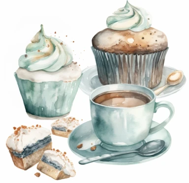 watercolor clipart coffee, cake and cupcake, by jenny jagger, in the style of light teal and gray, realistic, detailed rendering, soft color blending, jan van goyen, monochromatic palette, embroidery, gustave van de woestijne