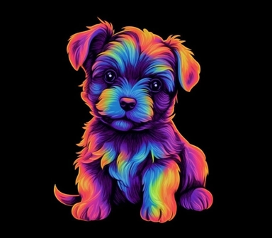 6 tattoo art style adorable baby puppy yorkshire terrier, black defined outlines, high details, clipart, hd, isolated on black background, spaced out, vibrant rainbow colors