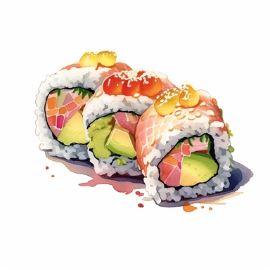 watercolor, hyper realistic, white background, white margins, 16k, ultra detailed clipart, cut out image, hand-drawn a specialty sushi roll known as the rainbow roll, displaying an assortment of fresh fish, including tuna, salmon, and yellowtail, layered atop a California roll and decorated with vibrant slices of avocado and tobiko (fish roe). in the style of anime art, frostpunk, photo-realistic drawings, villagecore, lively and energetic, high quality, anime