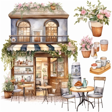 Watercolor spring coffee shop clipart -20 High Quality cafe PNG clipart, Collage spring cafe illustration - - v5.1