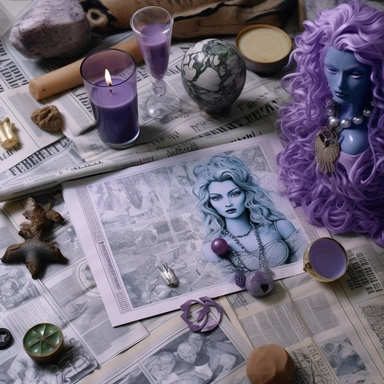 Amethyst Amaris art, astrology reading in the newspaper for aries, fifth house in astrology, neptune, uranus, capricorn, north node in capricorn, news paper clippings textile background with denim, allegory, allegory of light, Capo di tutti capi, french japanese, kanji script, photographer David LaChapelle, art dealers, toyen, dada, Alexander Mcqueen, Maison Margiela, John Galliano, ? evil eye bindi tattoo on forehead, ??‍♀️?‍♀️??‍♀️, ??, ??, uncolonized, theme Amethyst Amaris and japonisme, Sch