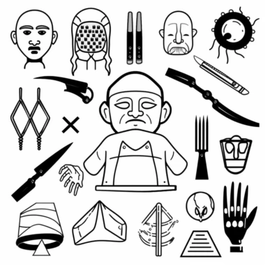 a set of black line clipart inspired by ramen and mutants and killer puppets and Funko Pop toys