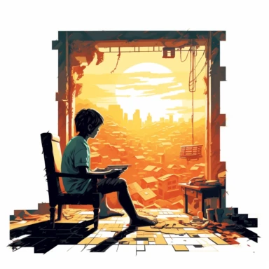 pixelated clipart of a kid inside playing video games while outside the window the sun is blazing hot and melting everything outside white background