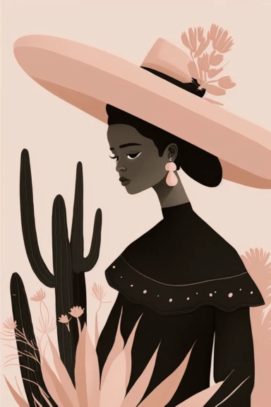 <https://s.mj.run/VafKh_OyowI> Mary Blair style, minimalistic nordic style single clipart, single black traditional mexican fashion model portrait with mexican sombrero amd cactus, minimalistic pastel pink color palette,