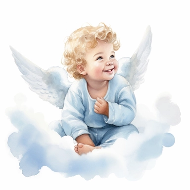 delightful watercolor image, full body adorable newborn baby angel boy on white background, she is sitting on a cloud in blue shirt and smiling gently. He has sparkling blue eyes twinkled with wonder and blond curls on her head, professional watercolor clipart, high resolution