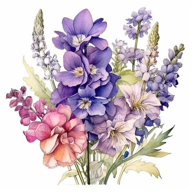 Create a personalized hand-drawn watercolor clip art image portraying a family gift niche with birth flowers. Customize the image by selecting birth flowers for a family of two: a February baby (Primrose) and a July baby (Delphinium). Use delicate watercolor techniques to bring out the intricate details of each flower, and arrange them in a way that symbolizes the strong bond between the family members.