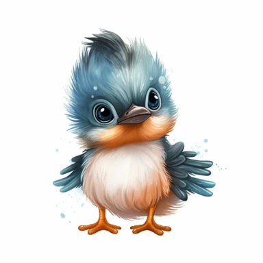 an animated baby kingfisher with kind eyes clipart with watercolor illustration,full body shot,8k,etsy style, white background