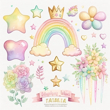 a pastel rainbow collection of princess castle, princess gold diamond tiara, rainbows, gold star, pink star, hearts, flowers, roses, plastercine, soft watercolour light, clipart svg white background