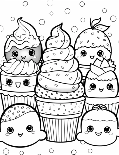 Kawaii Cake Icecream with delightful designs and flavors, like blueberry, chocolate chip, and banana For Simple Coloring page,line art, thick lines, black and white,clipart, illustration, on white background,margin Page 10px