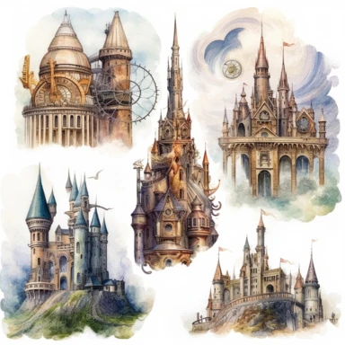 Watercolor hyperdetailed ultra realistic clipart of steampunk fictional worlds like Middle Earth, Hogwarts, or Narnia, including intricate details such as famous landmarks, architecture, and landscapes