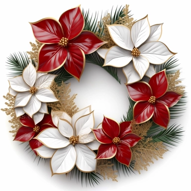 christmas pine and poinsettia wreath clipart, white background
