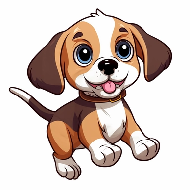 Generate a cute cartoon beagle puppy jumping clipart with a white background. The cat should be facing forward and have large round eyes and a small triangular nose. The ears should be pointy and slightly tilted backwards. The fur should be smooth and have a light pastel color, and there should be no shadows, borders, or watermarks. Please ensure that the image is crisp and sharp