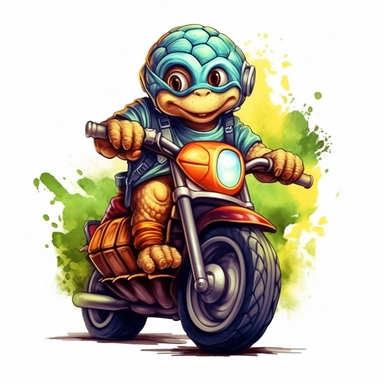 Create a clipart of a cute turtle in a leather jacket riding a vintage motorcycle. Strong and vibrant colors. Jungle trees before a White Background, soft lighting.