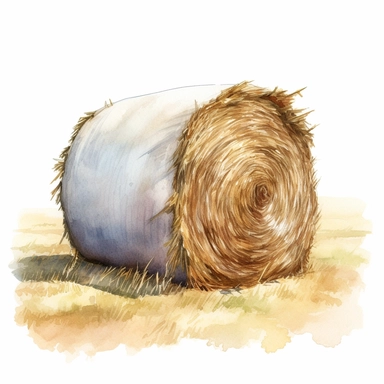 realistic watercolor drawing of a bale of hay on a cotton field, on a white background where the background will be removed to repurpose as a clipart.