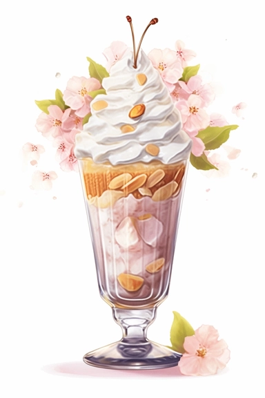 picturesque, a bright almond sundae, clipart on white background, watercolor style, spring vibes, detailing in pastel colors, high quality, painted by Beatrix Potter, 8k