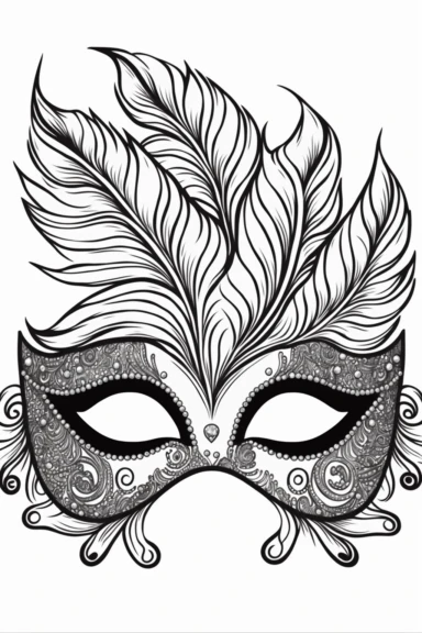 a Cute Mardi Gras Mask with cute feathers and cute sequins, Coloring Book for toddlers, white background, black and white, [clip art]