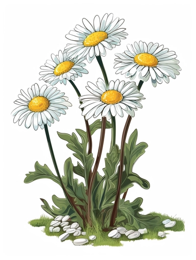 Isometric Sticker Clip Art of daisy flowers, Bellis perennis, long stem, children friendly, illustrated in a playful and realistic style, perfect for any special occasion, cut out in the shape of daisy flowers, with no visible background, giving it the appearance of a sticker, conveying a mystical and whimsical mood, edited with Adobe Photoshop to adjust brightness and contrast, rendered as a transparent PNG file with a high resolution to ensure a crisp and clear image with no pixelation, suitab