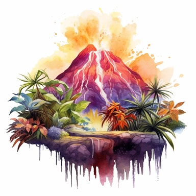 A watercolor illustration of a tropical volcano with colorful lava flowing down its sides, surrounded by lush vegetation clipart style