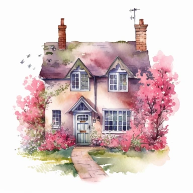 Vector clipart, isolated on white background, beautiful lovely Watercolor cute little colorful house, spring time , ornated, pastel colors, small England village